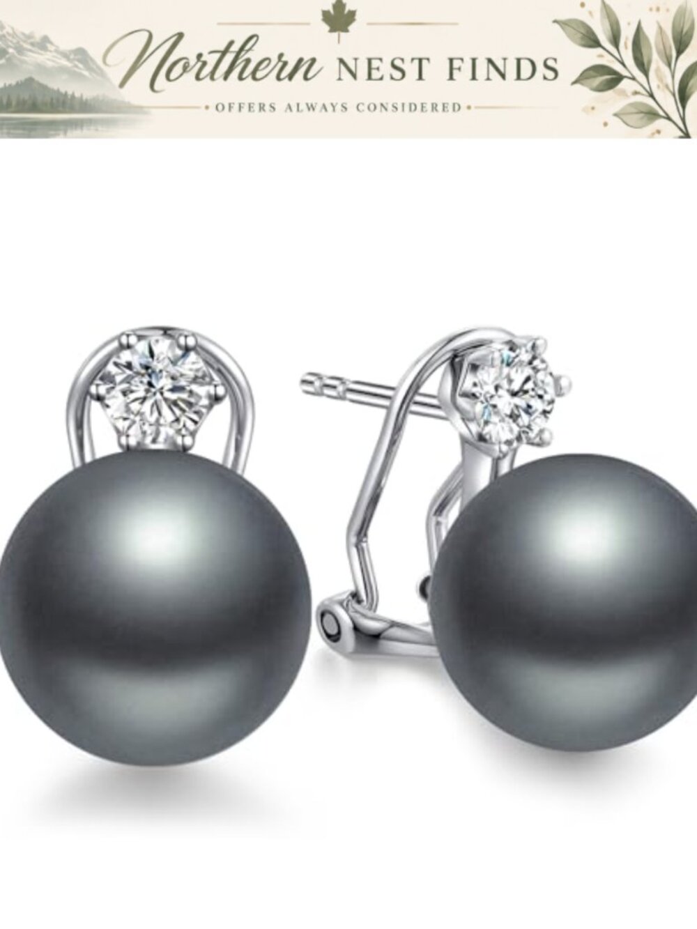 Pearl Stud Earrings 925 Sterling Silver Cubic Zirconia 10mm-13mm Women